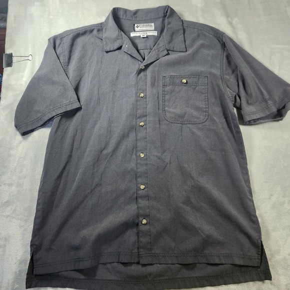 Columbia Button Up Short Sleeve Shirt Mens Large Grey Striped Viscose Collared - Picture 1 of 7